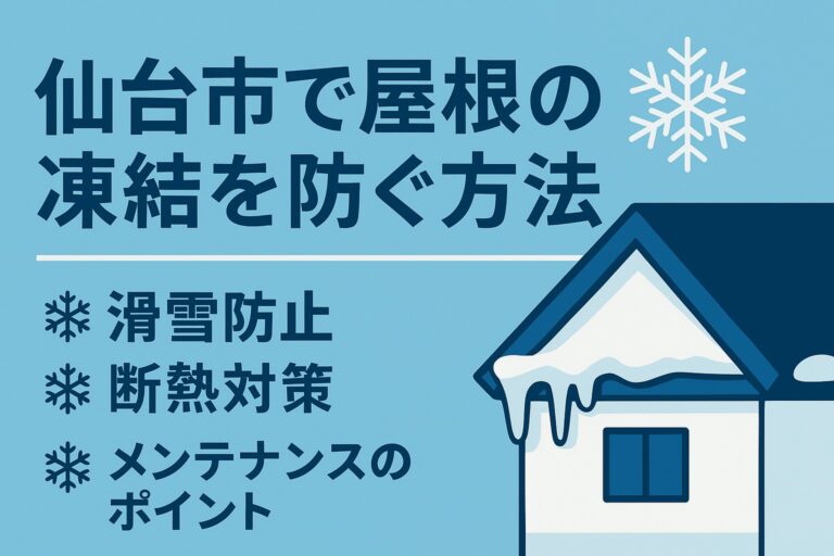 仙台市の住宅街で、屋根の凍結を防ぐための断熱や雪止め金具の対策をイメージした青白トーンのイラスト画像。 「仙台市で屋根の凍結を防ぐ方法｜滑雪防止・断熱対策・メンテナンスポイント」と書かれたデザイン。