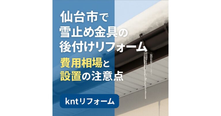 仙台市の住宅街で、雪が積もった屋根に雪止め金具が設置されている様子のイラスト。「仙台市で雪止め金具の後付けリフォーム｜費用相場と設置の注意点」と書かれたデザイン画像。