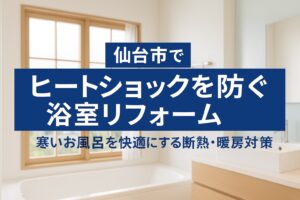 仙台市の住宅をイメージした明るく清潔な浴室。断熱と暖房で冬でも快適に過ごせるリフォームをテーマにした画像。
