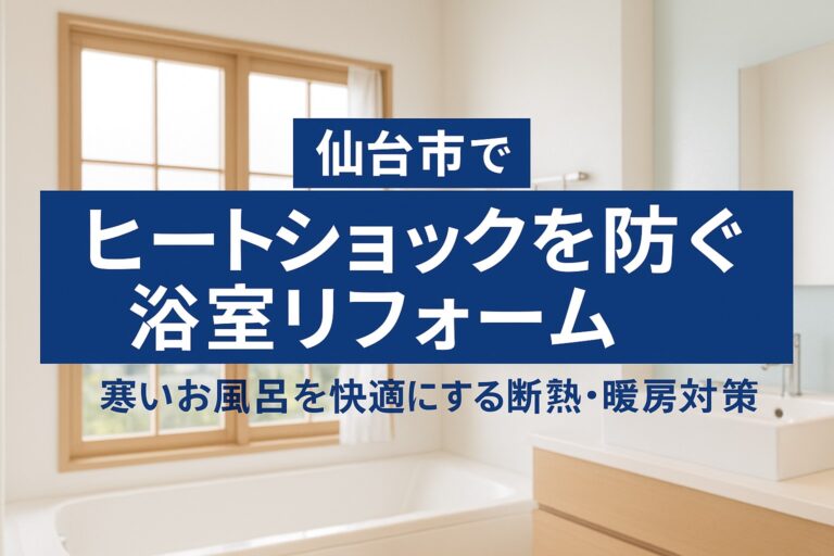 仙台市の住宅をイメージした明るく清潔な浴室。断熱と暖房で冬でも快適に過ごせるリフォームをテーマにした画像。