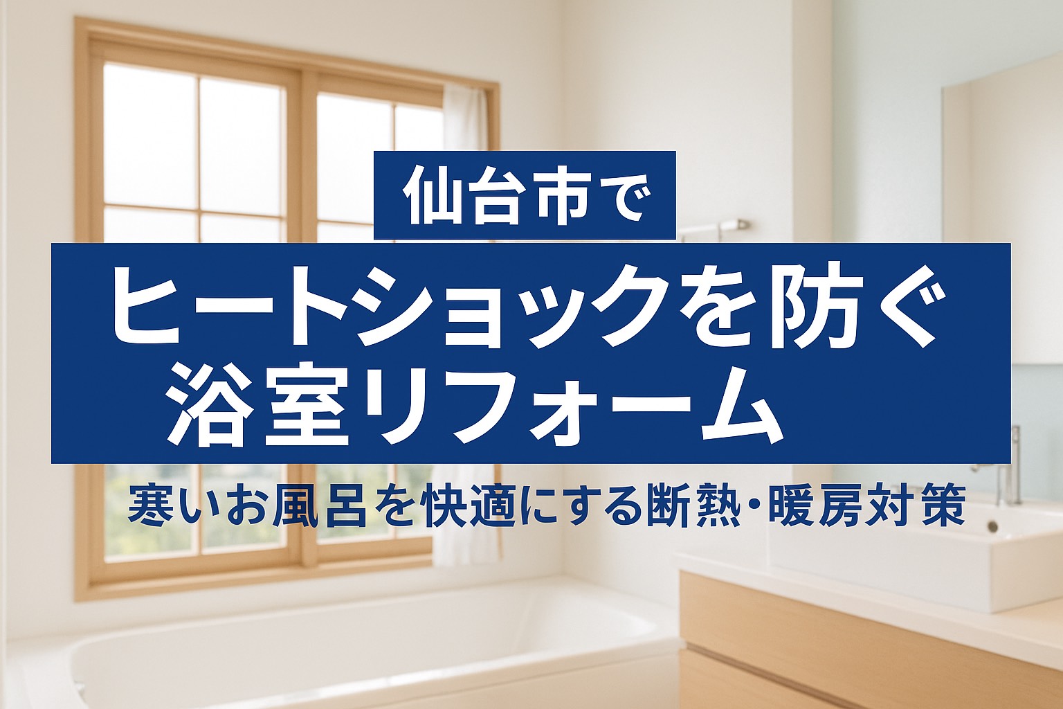 仙台市の住宅をイメージした明るく清潔な浴室。断熱と暖房で冬でも快適に過ごせるリフォームをテーマにした画像。