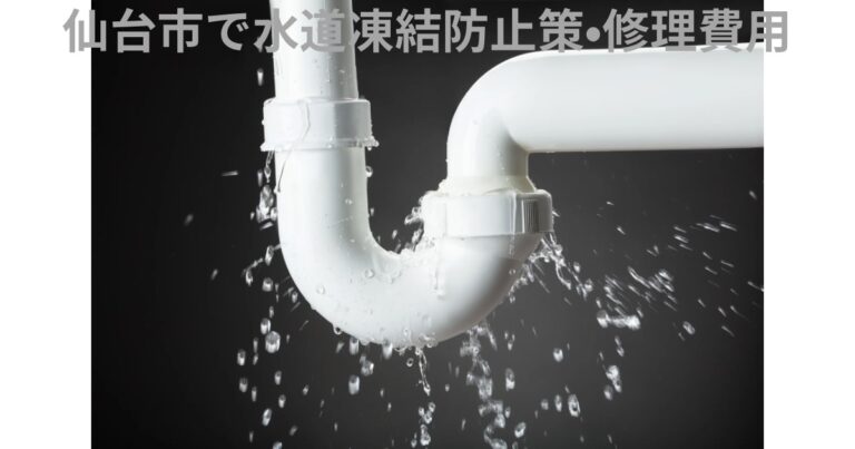 水道管が凍結し破裂して水漏れしている様子のイメージ写真。仙台市の冬に多い水道凍結トラブルを表現。