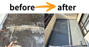 バルコニー防水工事のBeforeAfter比較画像｜破れた塩ビシートからウレタン防水で綺麗に復旧
