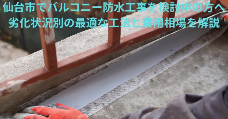 仙台市でバルコニー防水工事を検討中の方向けのアイキャッチ画像。防水シート施工中の写真に「仙台市でバルコニー防水工事を検討中の方へ 劣化状況別の最適な工法と費用相場を解説」というテキストが入っている。