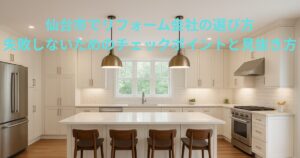 仙台市でリフォーム会社を選ぶ際に失敗しないためのポイントを解説したアイキャッチ画像。キッチンの明るい内装を背景にしたデザイン。
