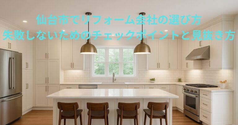 仙台市でリフォーム会社を選ぶ際に失敗しないためのポイントを解説したアイキャッチ画像。キッチンの明るい内装を背景にしたデザイン。