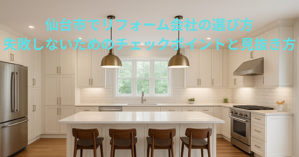 仙台市でリフォーム会社を選ぶ際に失敗しないためのポイントを解説したアイキャッチ画像。キッチンの明るい内装を背景にしたデザイン。