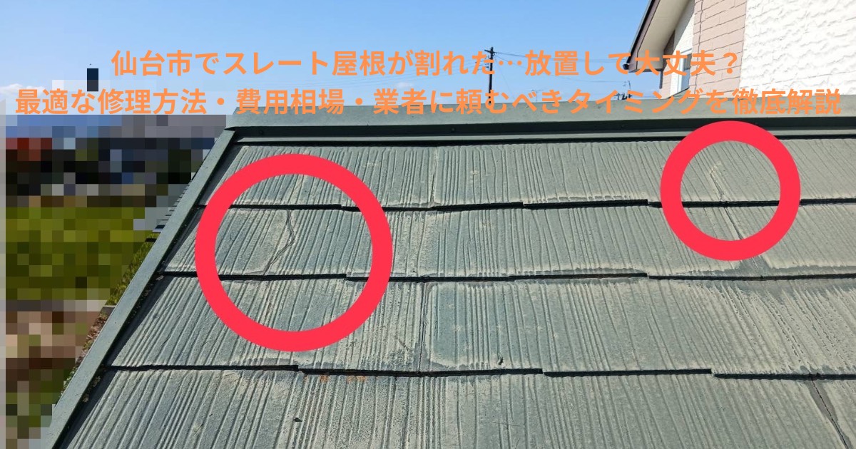 スレート屋根材に発生した大きなヒビ割れの写真。ひび部分を赤い丸で示し、劣化状況が分かる屋根の状態。