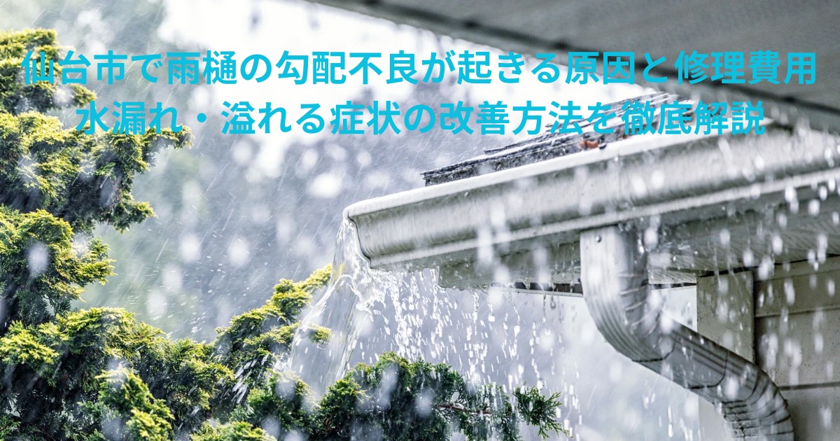 仙台市で雨樋の勾配不良が原因で水が溢れている雨樋の様子を写したブログ記事用アイキャッチ画像