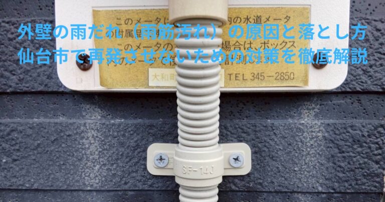 外壁に付着した雨だれ汚れと配管周りの黒いシミの様子を写した写真