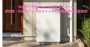 仙台市で設置された宅配ボックスの外観。玄関前に設置された白い宅配ボックスと外壁の様子を撮影した写真