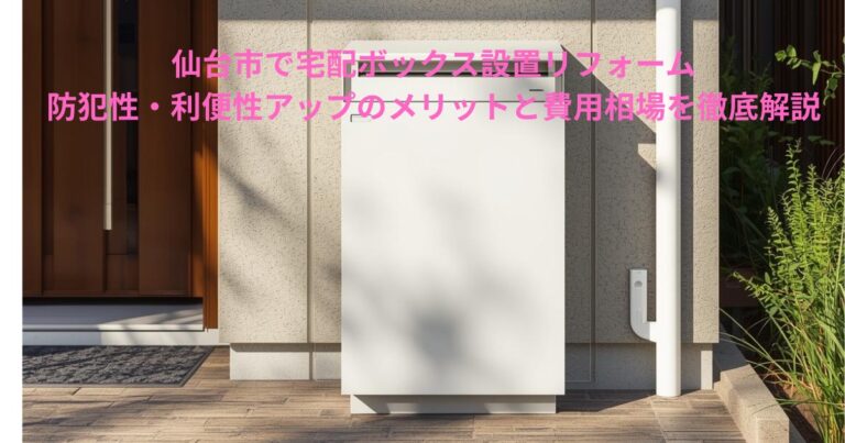 仙台市で設置された宅配ボックスの外観。玄関前に設置された白い宅配ボックスと外壁の様子を撮影した写真