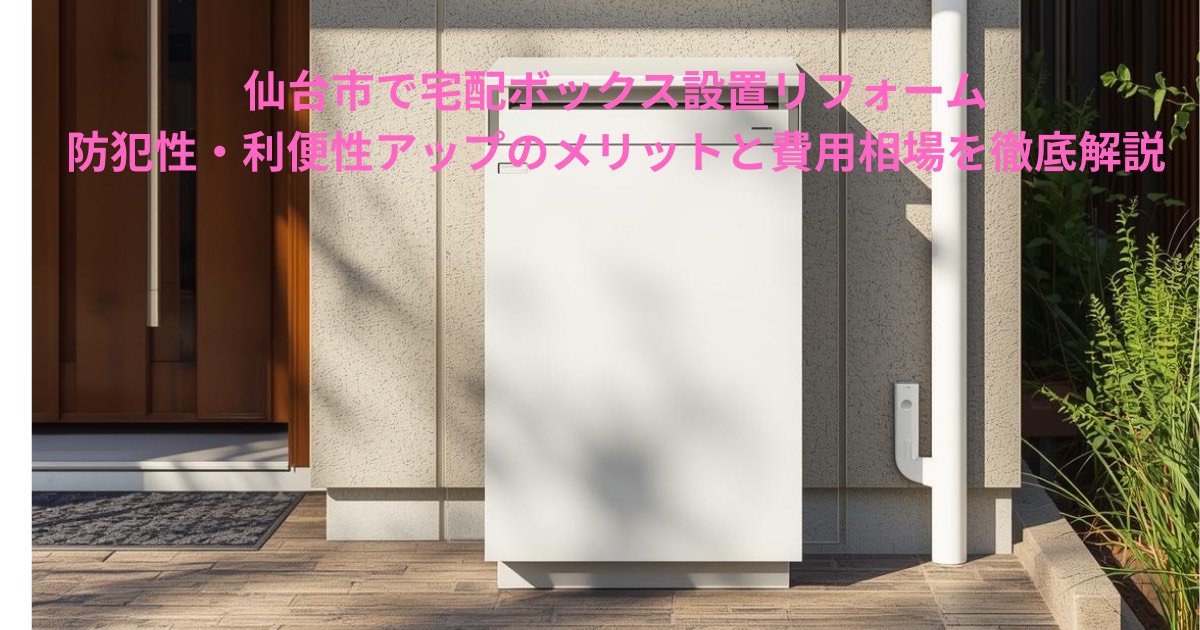 仙台市で設置された宅配ボックスの外観。玄関前に設置された白い宅配ボックスと外壁の様子を撮影した写真