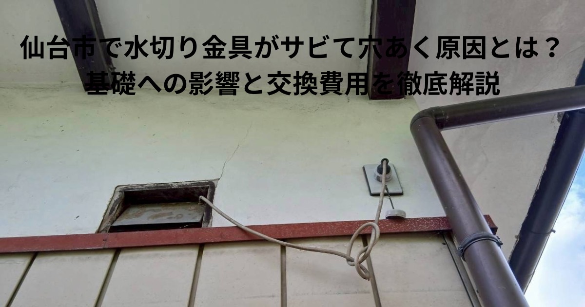 水切り金具がサビて穴があき、基礎が濡れて劣化している様子をイメージした写真