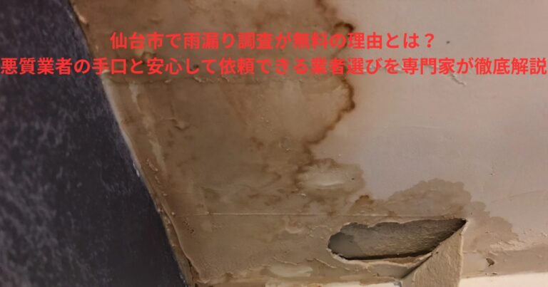 仙台市の住宅で天井に広がった雨漏り染みと破損部分の写真。雨漏り調査が必要な典型的な劣化症状。