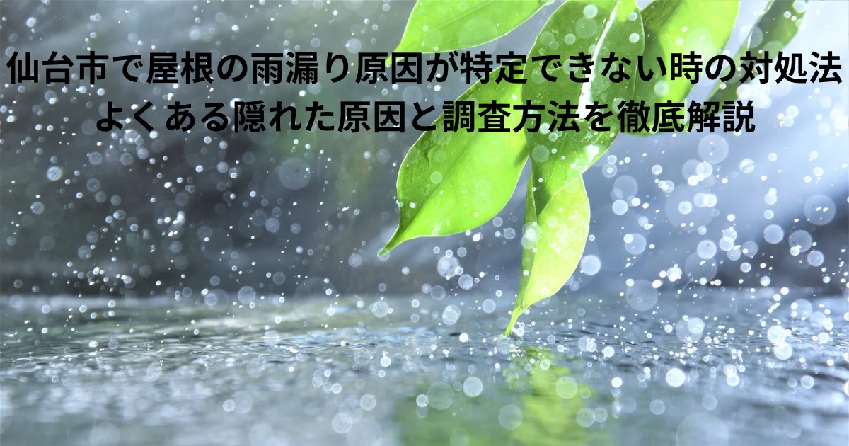 雨が降り注ぐ水面と葉の写真。仙台市で屋根の雨漏り原因が特定できない時の対処法を解説する記事のアイキャッチ画像。
