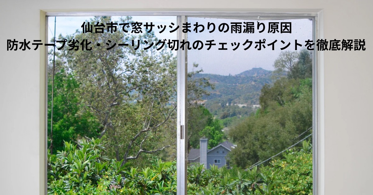 仙台市で窓サッシまわりの雨漏りが発生しているイメージ写真。窓枠周辺の防水テープ劣化やシーリング切れを説明するためのアイキャッチ画像。