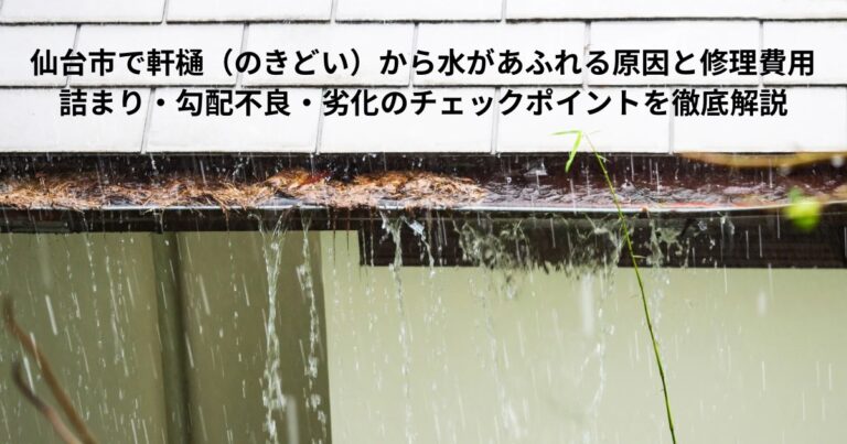 仙台市で軒樋が詰まり雨水があふれている様子。落ち葉や汚れで排水できず水が溢れている状態を写した写真。