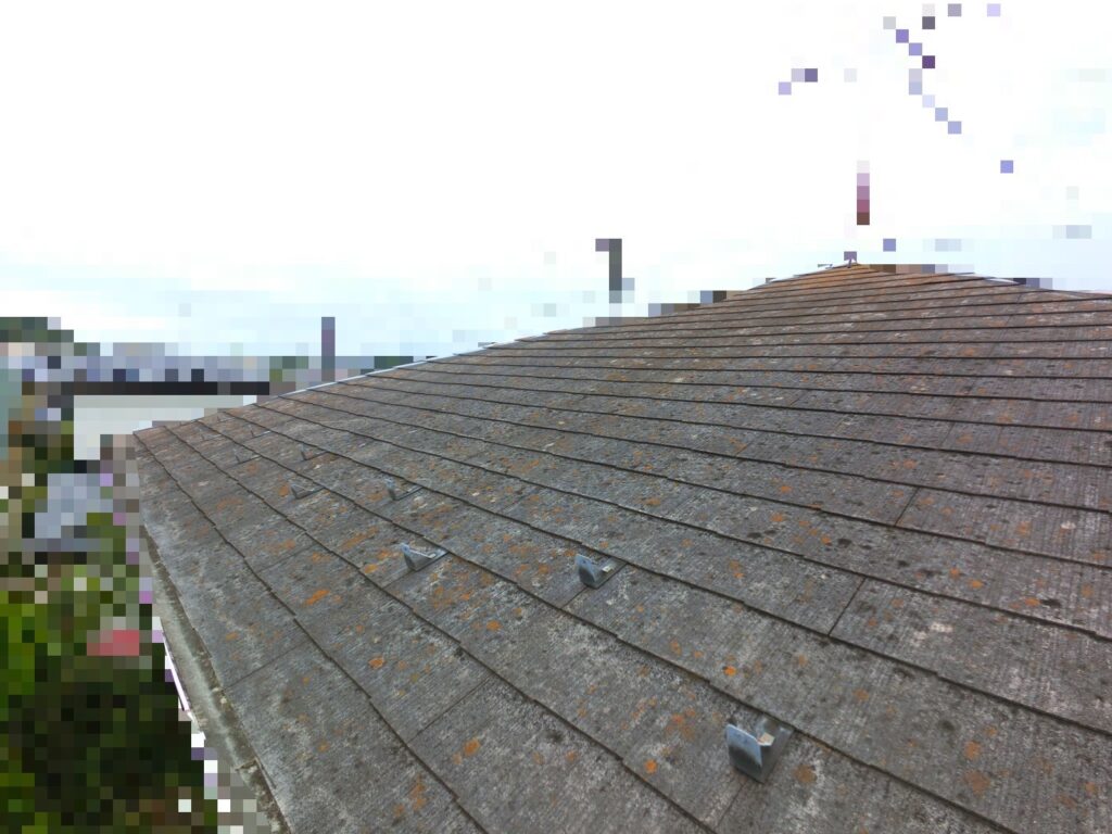 劣化が進み、スレート屋根材の表面塗装が剥がれ、白い素地（セメント）が露出している状態