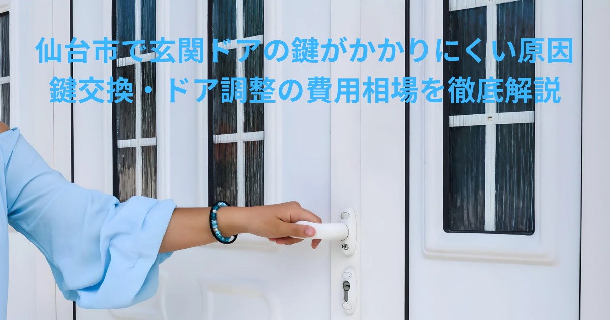 仙台市で玄関ドアの鍵がかかりにくい原因を解説する記事のアイキャッチ画像。白い玄関ドアの取っ手を回して施錠しようとする女性の手元の様子。
