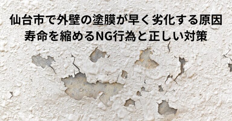 外壁の塗膜が大きく剝がれて劣化している様子。仙台市で増えている外壁の早期劣化をイメージした写真。