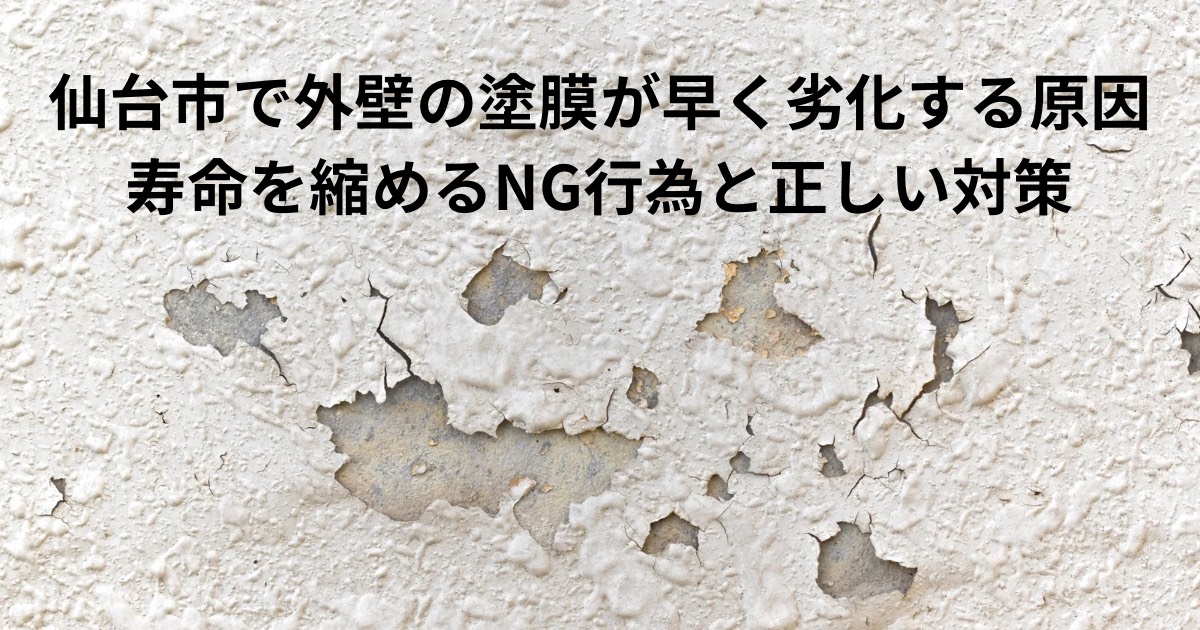 外壁の塗膜が大きく剝がれて劣化している様子。仙台市で増えている外壁の早期劣化をイメージした写真。