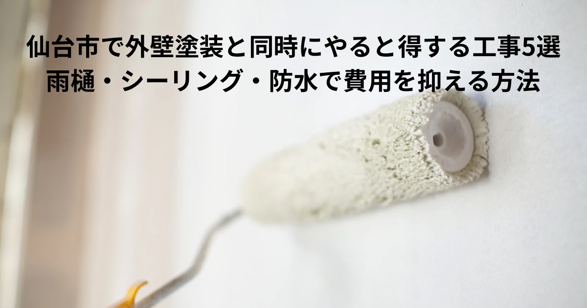 仙台市で外壁ローラー塗装をしている作業風景｜外壁塗装と同時に雨樋・シーリング・防水工事を行うと費用を抑えられる解説記事のアイキャッチ