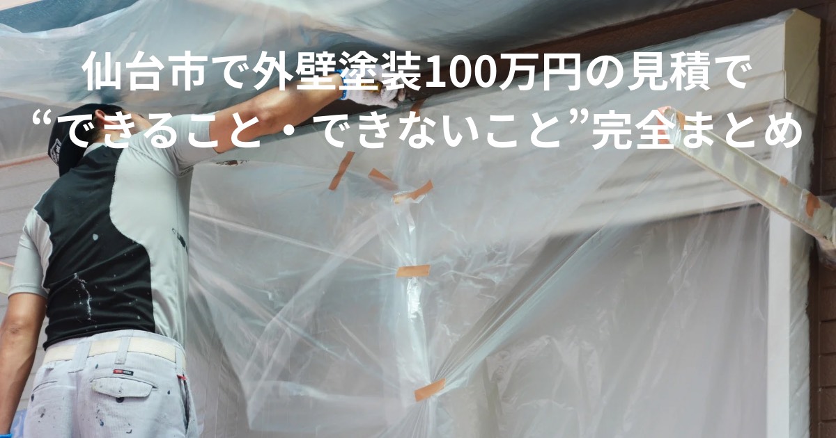 仙台市で外壁塗装の養生作業を行っている職人の写真|100万円の見積でできる工事内容を解説