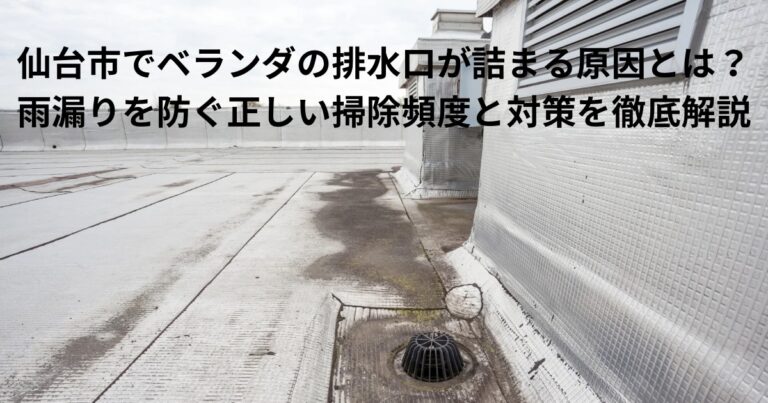 仙台市のベランダで排水口が詰まりかけている様子と防水層にたまった汚れの写真