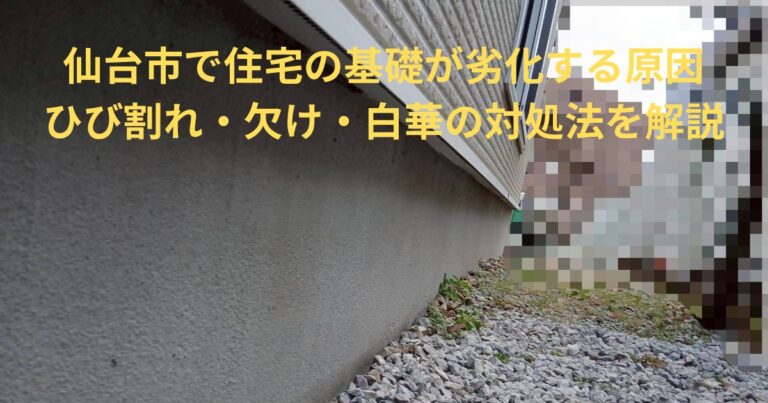仙台市の住宅基礎に発生したひび割れや白華などの劣化症状を示す写真