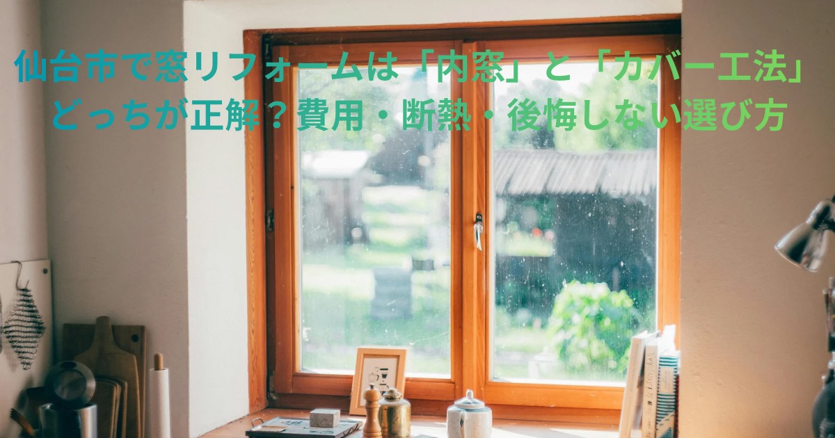 仙台市で内窓と窓カバー工法を比較解説する記事のアイキャッチ画像｜木製窓と断熱リフォームのイメージ