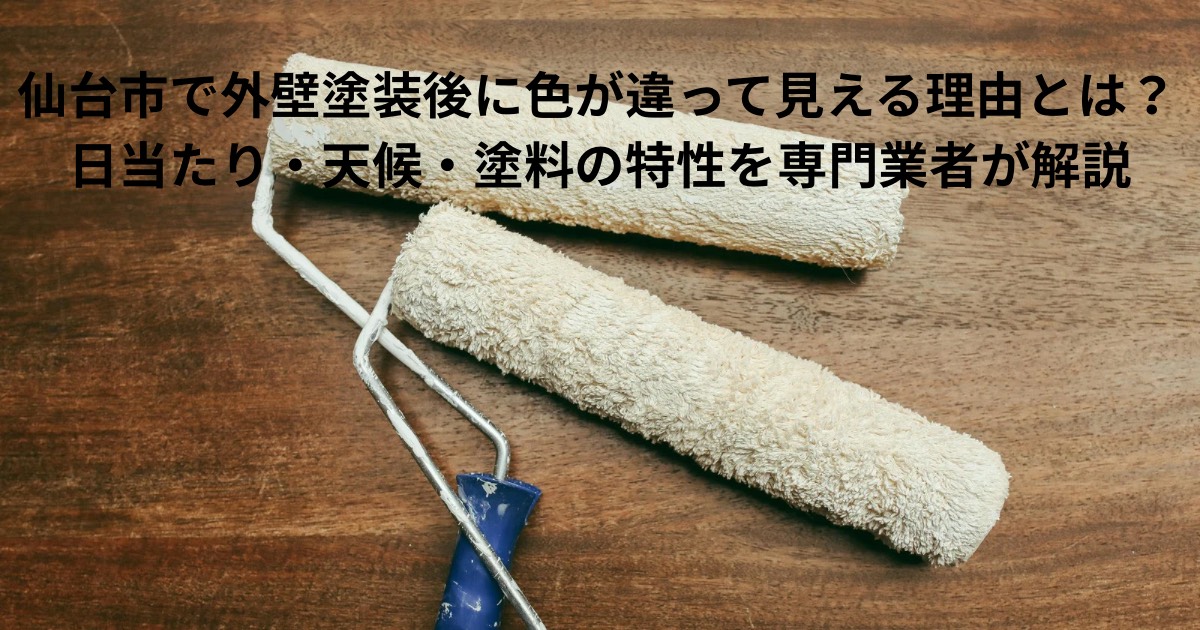 仙台市で外壁塗装後に色が違って見える原因を解説するイメージ。木目の上に置かれた塗装ローラーから、日当たり・天候・塗料の特性による色の見え方の違いを表現した画像