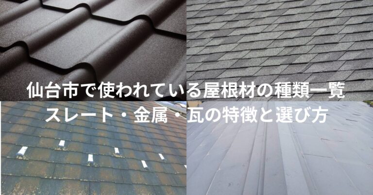 仙台市で使われている屋根材の種類一覧。スレート屋根・金属屋根・瓦屋根・アスファルトシングル屋根の施工例を比較したイメージ画像。