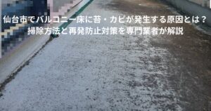 仙台市の住宅でバルコニー床に苔やカビが発生している状態。防水層の劣化や湿気により黒ずみや汚れが広がっている様子。