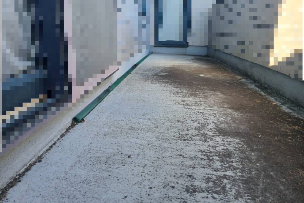 バルコニー床に苔や黒ずみが広がっている様子｜防水劣化と湿気による汚れの事例（仙台市）