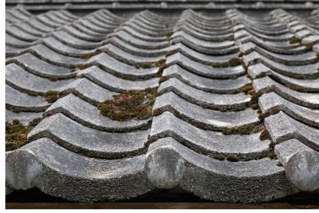 瓦屋根の表面に苔や汚れが見られる状態。経年劣化により防水性の低下が進んでいる可能性がある瓦屋根