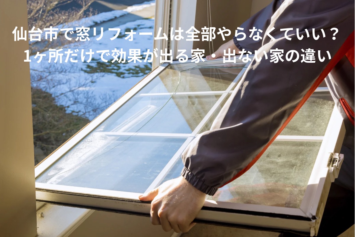 仙台市の住宅で窓リフォーム工事を行い、既存の窓に内窓を設置して断熱性・防寒性を高めている様子