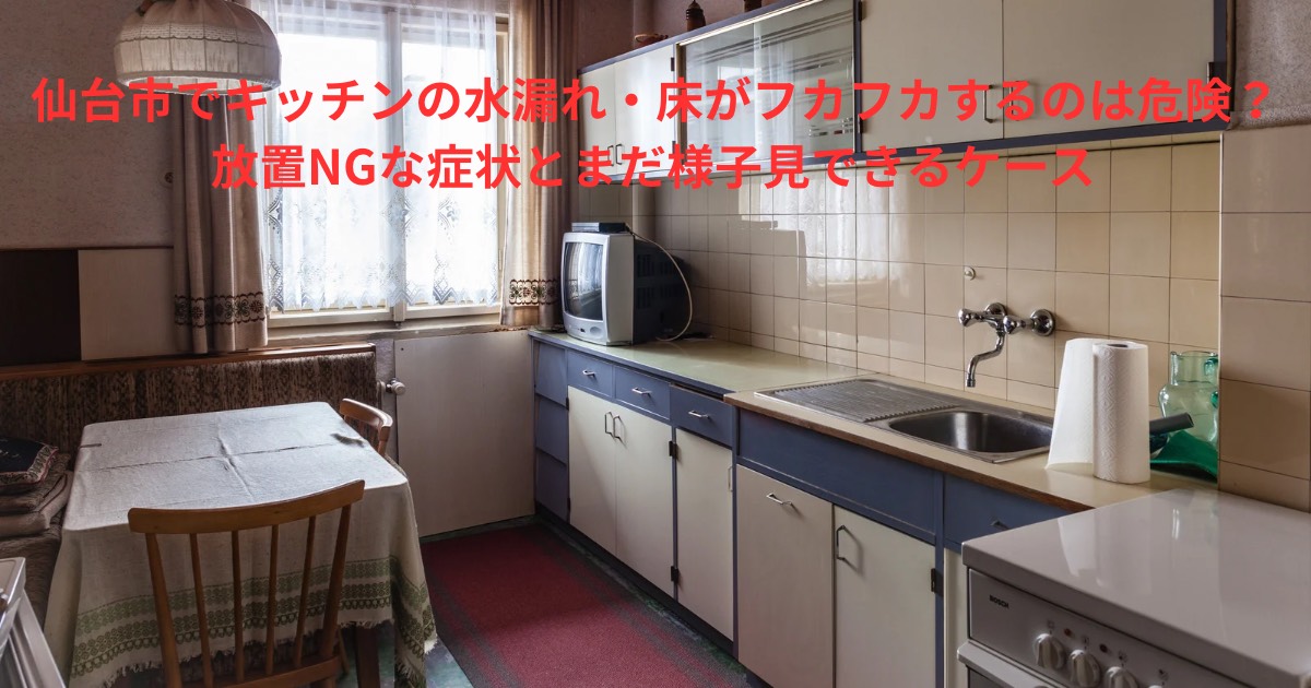 仙台市の住宅キッチンで水漏れや床のフカフカが起きやすい状態を示す古いキッチンの様子