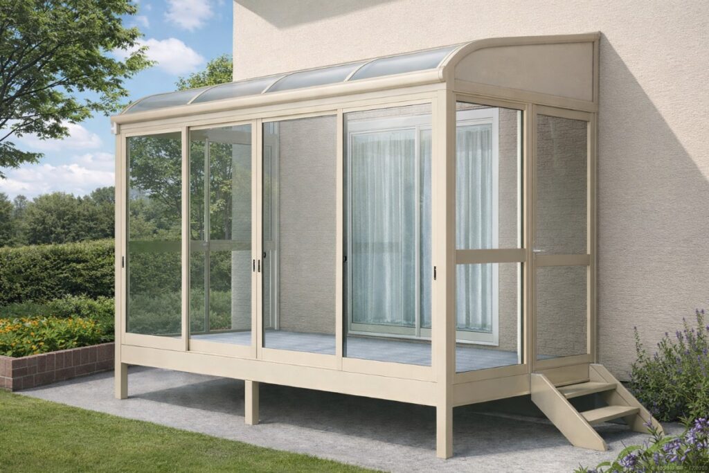 住宅外壁に後付けされたサンルームの外観とサイズ感が分かる写真