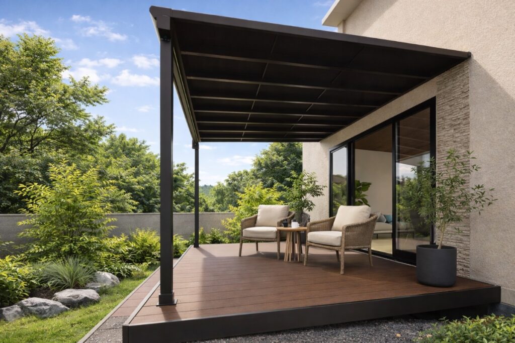 仙台市の住宅に設置されたサンルームの施工イメージ。屋根付きデッキとチェアを備え、庭とつながる開放的な空間。