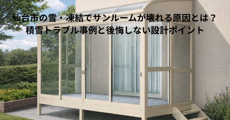 仙台市の住宅に後付け設置されたサンルーム外観。積雪や凍結による破損リスクに注意が必要なサンルーム施工イメージ