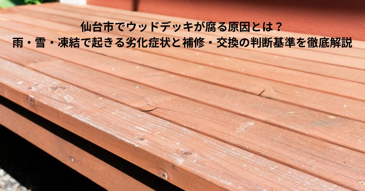 仙台市の住宅に設置されたウッドデッキの床材が雨や雪、凍結の影響で劣化・腐食している状態の写真