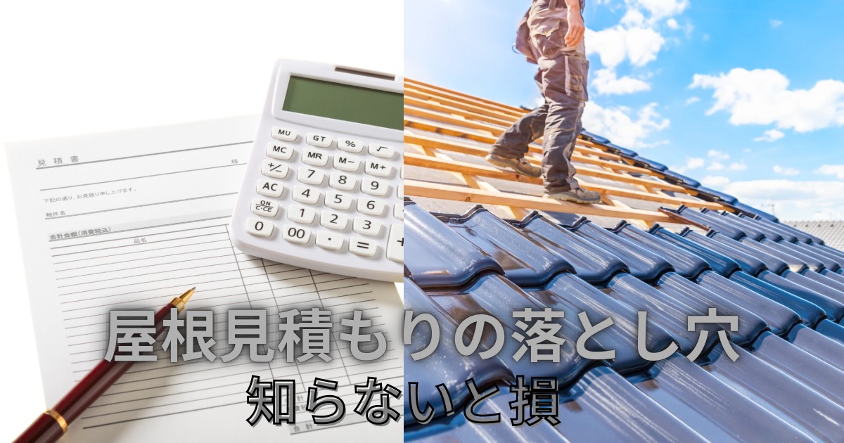 屋根見積もりの落とし穴を解説するイメージ｜見積書と電卓と屋根工事の様子｜仙台市の屋根リフォーム注意点