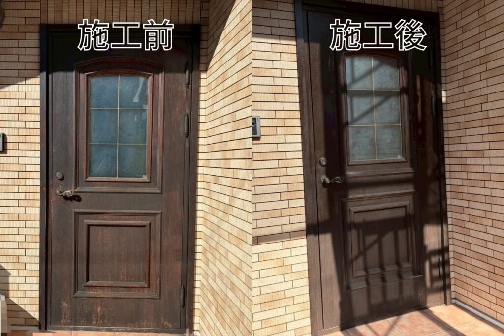 塩釜市 木製玄関ドア塗装 ビフォーアフター比較