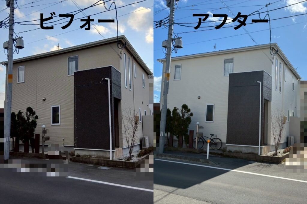 仙台市太白区で外壁塗装工事を行った住宅のビフォーアフター写真（無機塗料仕上げ）